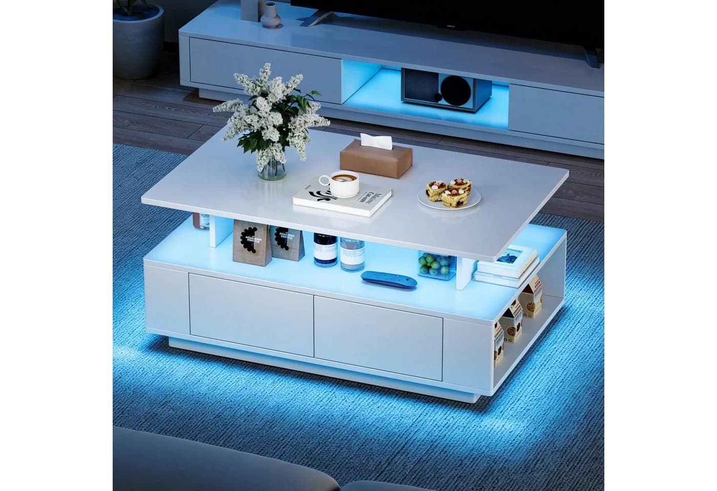 Dripex Couchtisch Weiß Hochglanz mit LED & Stauraum