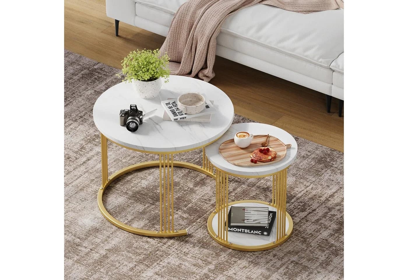 Dripex Couchtisch Set 2er rund Kunstmarmor Metall Weiß Gold