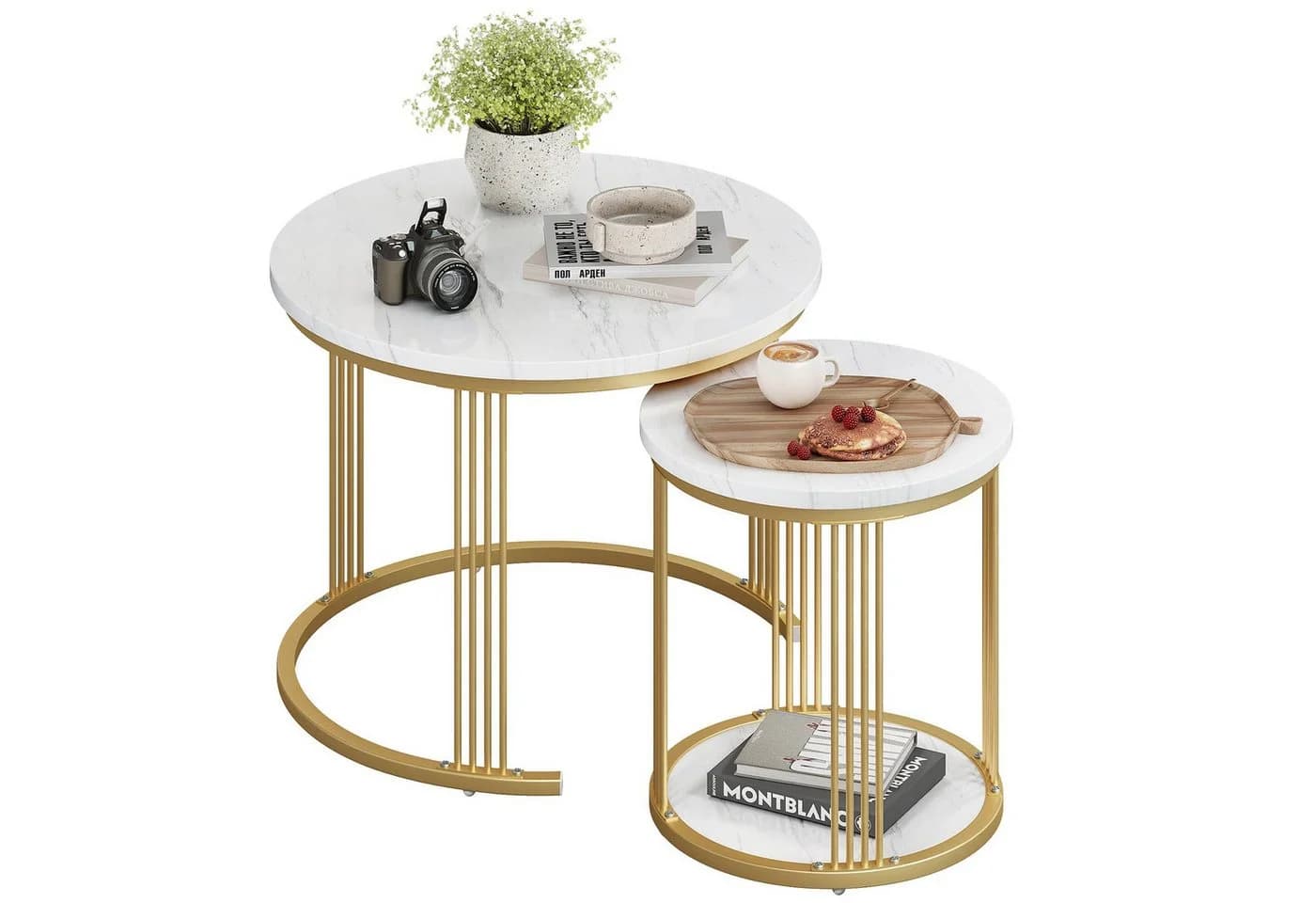 Dripex Couchtisch Set 2er rund Kunstmarmor Metall Weiß Gold - Bild 2