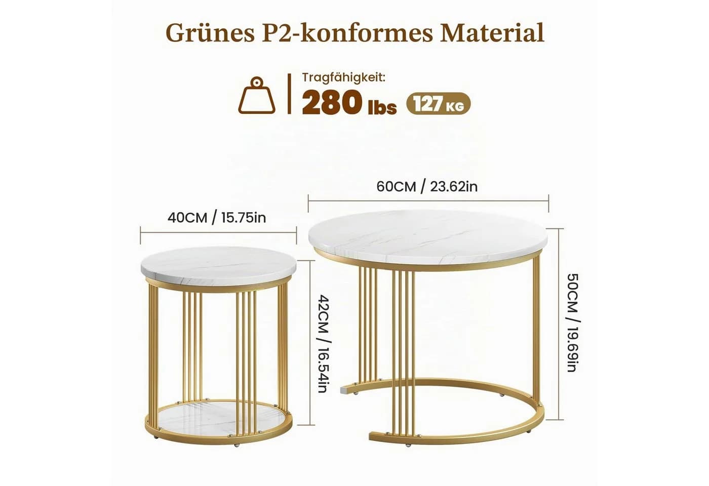 Dripex Couchtisch Set 2er rund Kunstmarmor Metall Weiß Gold - Bild 3