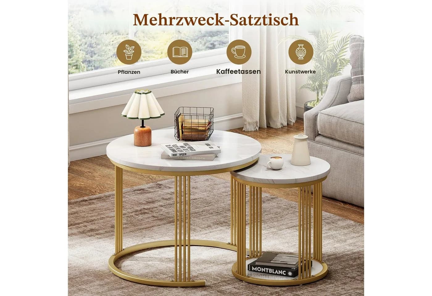 Dripex Couchtisch Set 2er rund Kunstmarmor Metall Weiß Gold - Bild 4