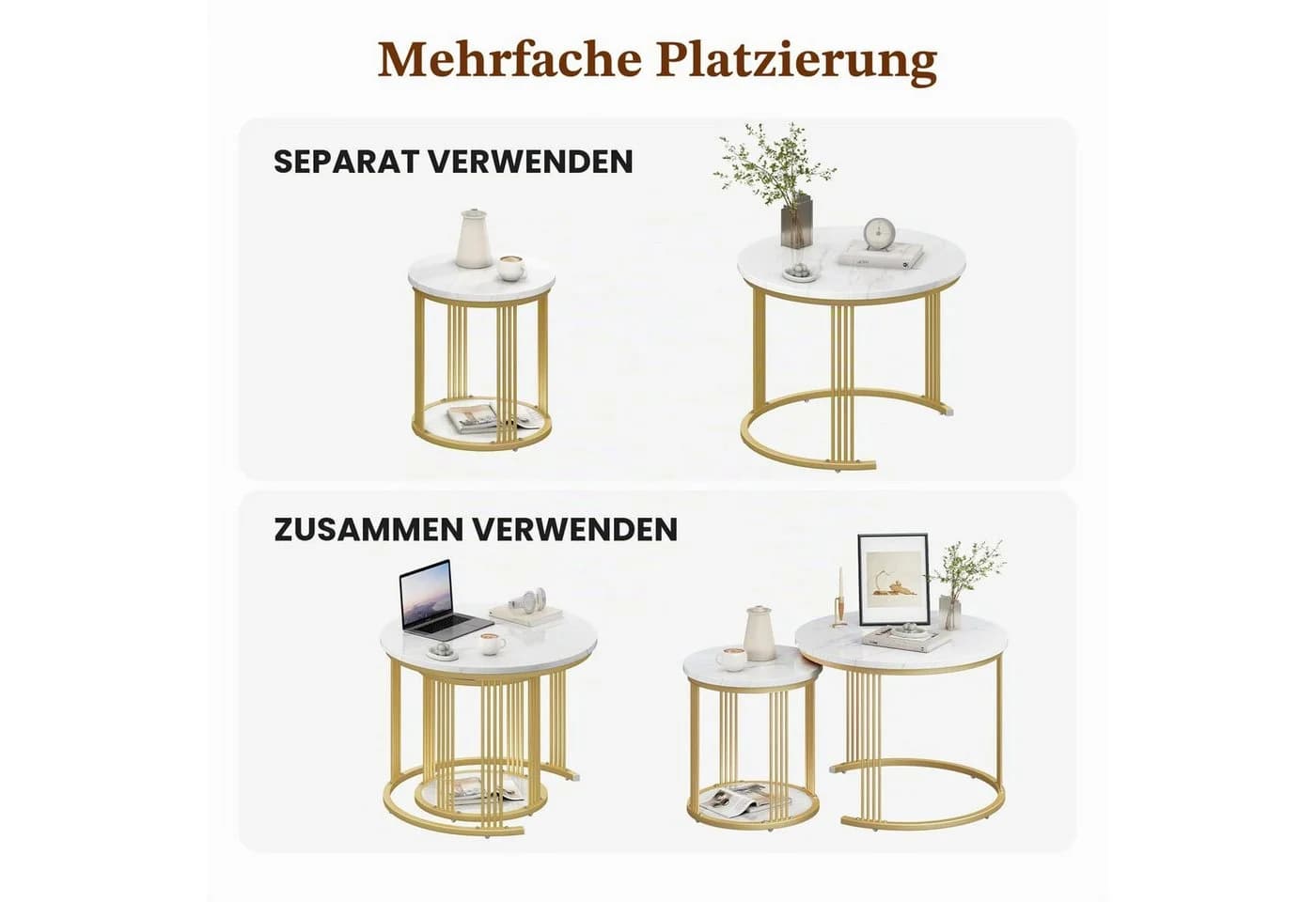 Dripex Couchtisch Set 2er rund Kunstmarmor Metall Weiß Gold - Bild 5