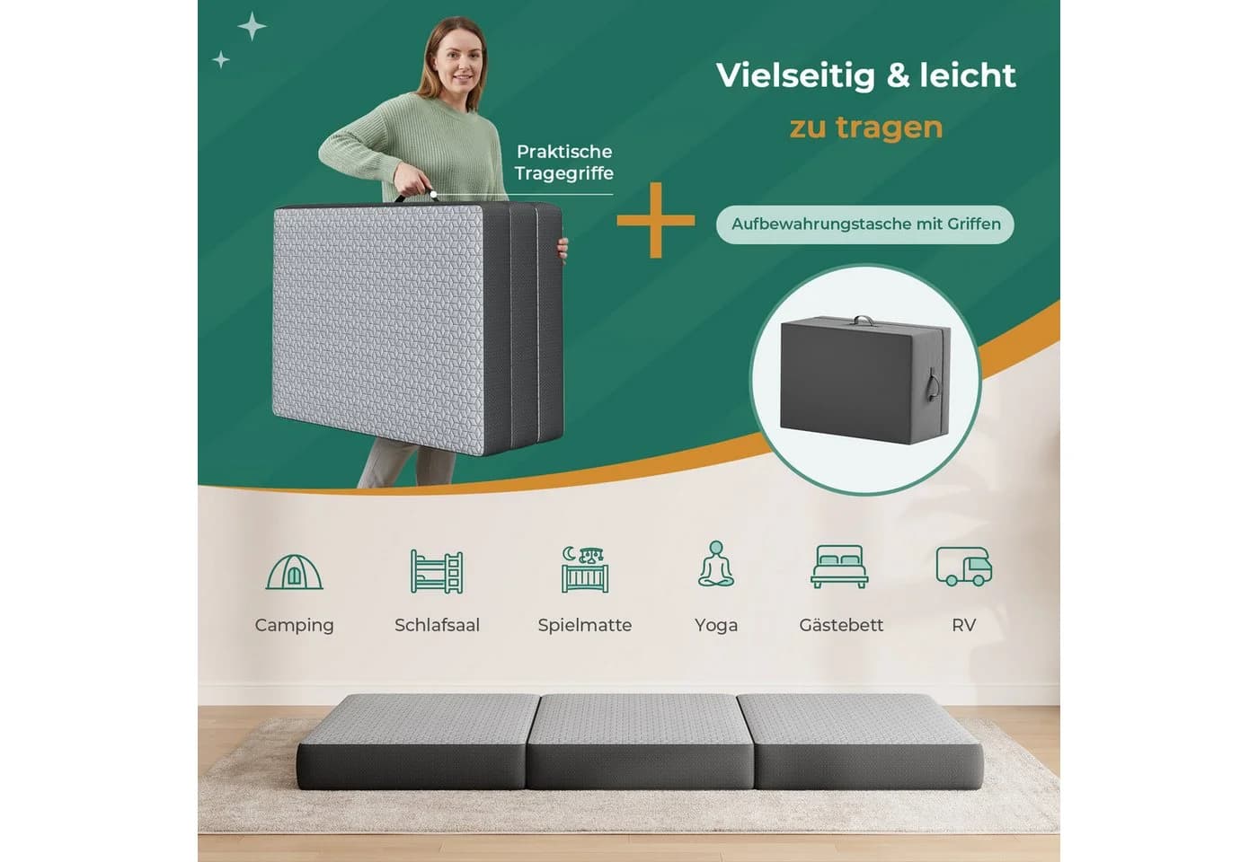 Vesgantti Klappmatratze 3-teilig Faltmatratze grau mit waschbarem Bezug - Bild 4