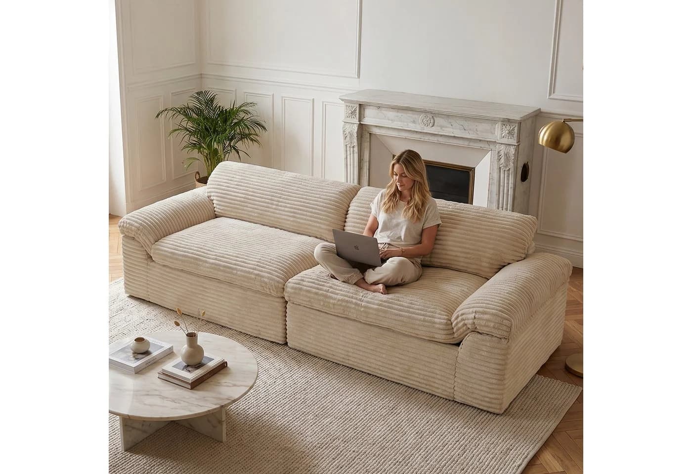 Vesgantti Big-Sofa 3-Sitzer Cord Couch Beige Boneless - Bild 5