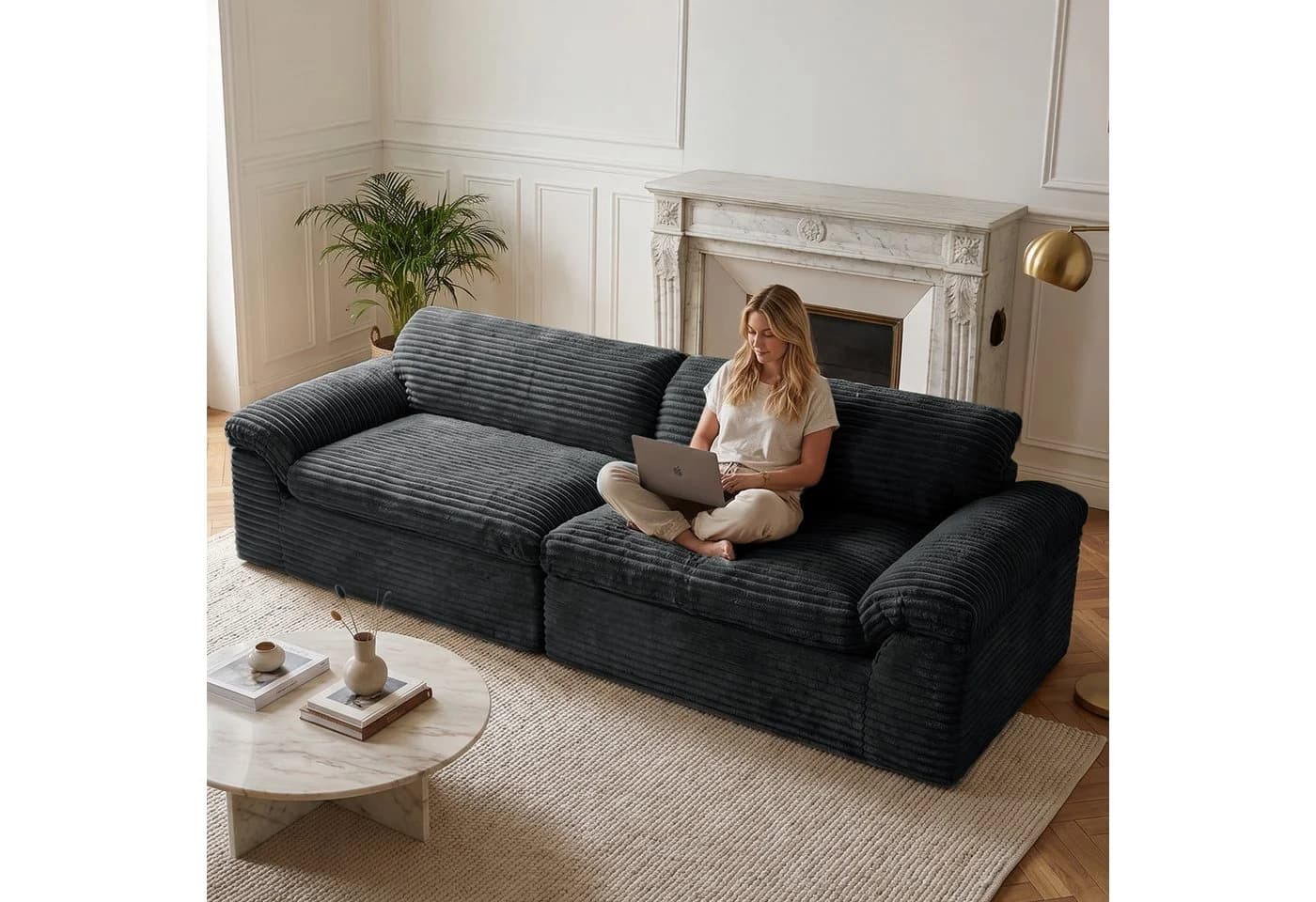 Vesgantti Big-Sofa 3-Sitzer Cord Couch Schwarz Boneless - Bild 5