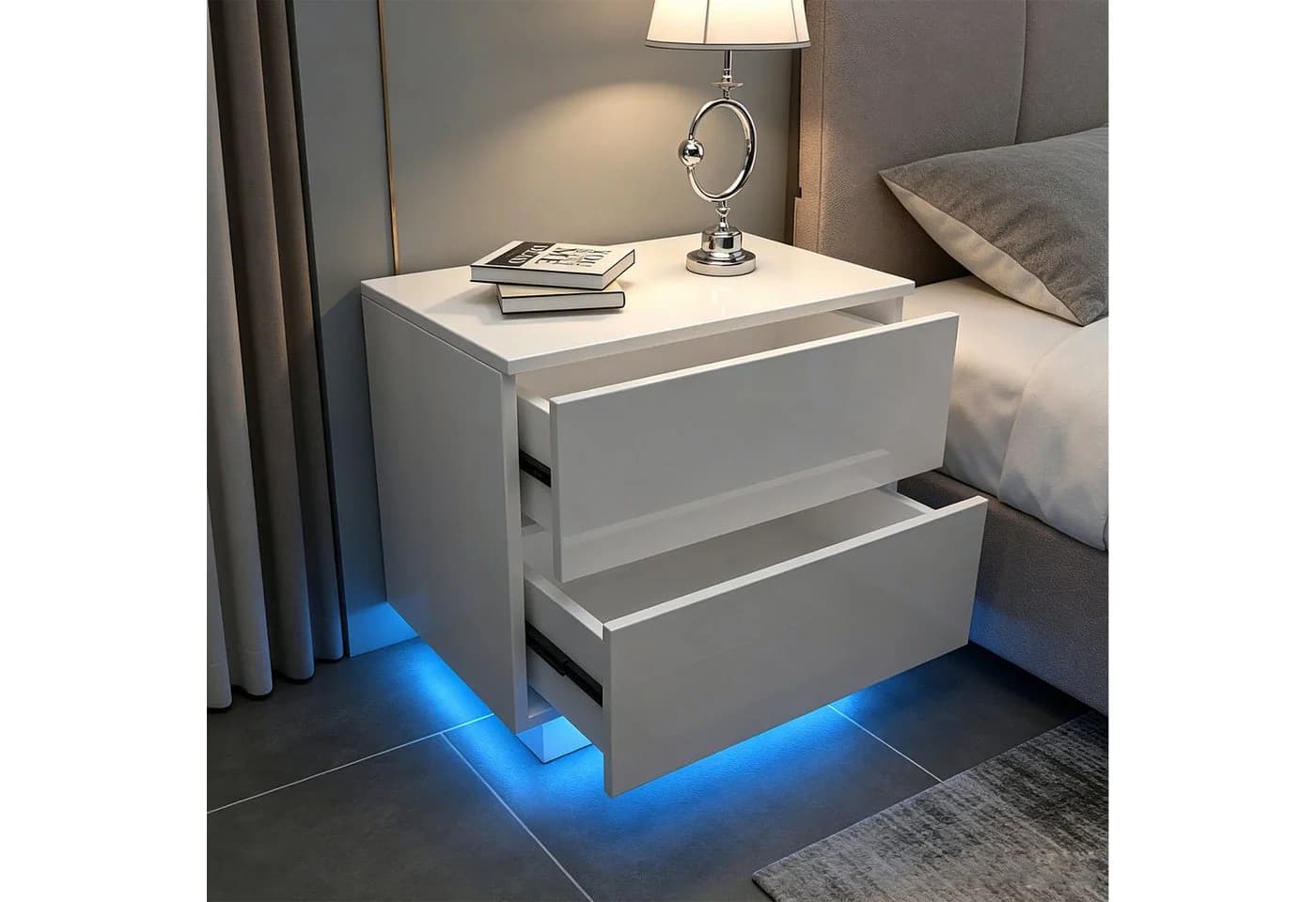 Dripex Nachttisch mit LED-Beleuchtung 2 Schubladen Weiß Hochglanz - Bild 3