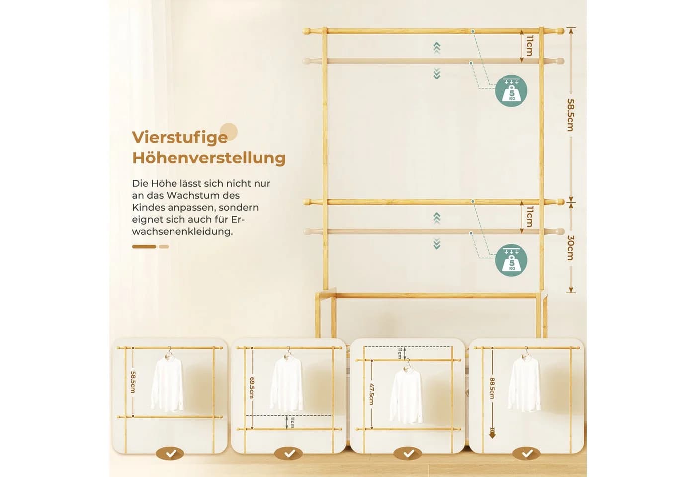 OUNUO Garderobenständer Bambus mit Ablagen und Stoffschubladen - Bild 4