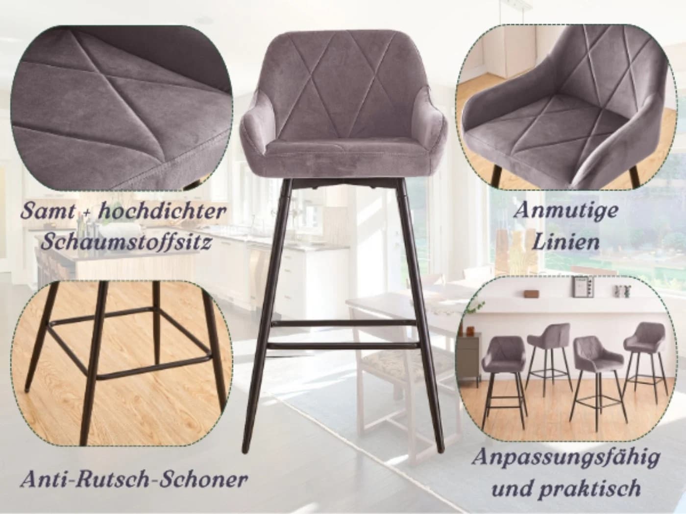 JYMTOM Barhocker Barstuhl mit Armlehne Gepolsterter Tresenhocker Bistrohocker (2 St) Outdoor Diamant Design Hocker Grau - Bild 3