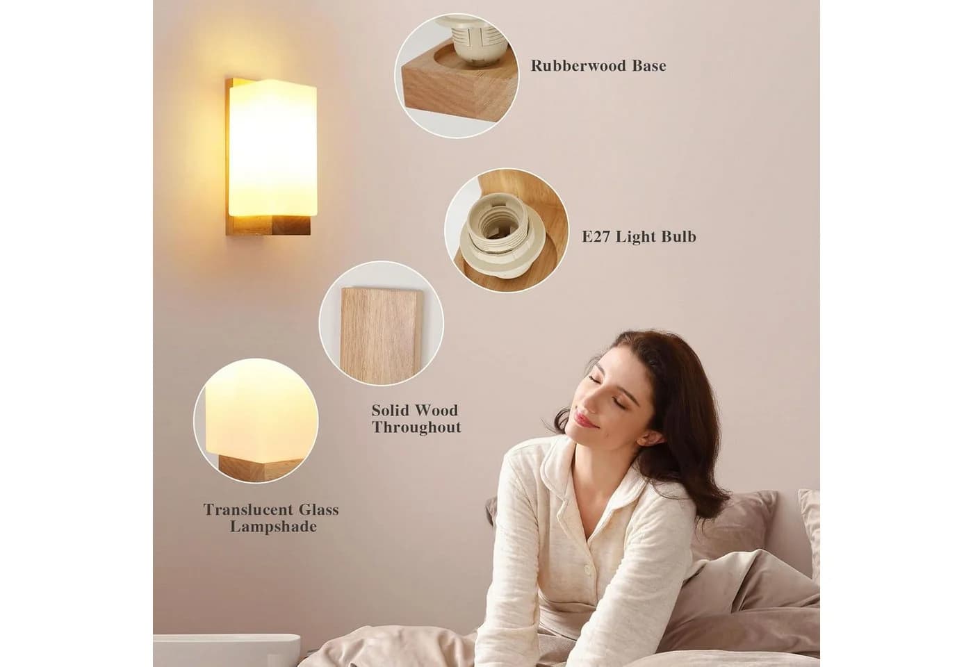 Riserva Wandleuchte Skandinavisch Holz Glas 3-Stufen Licht E27
