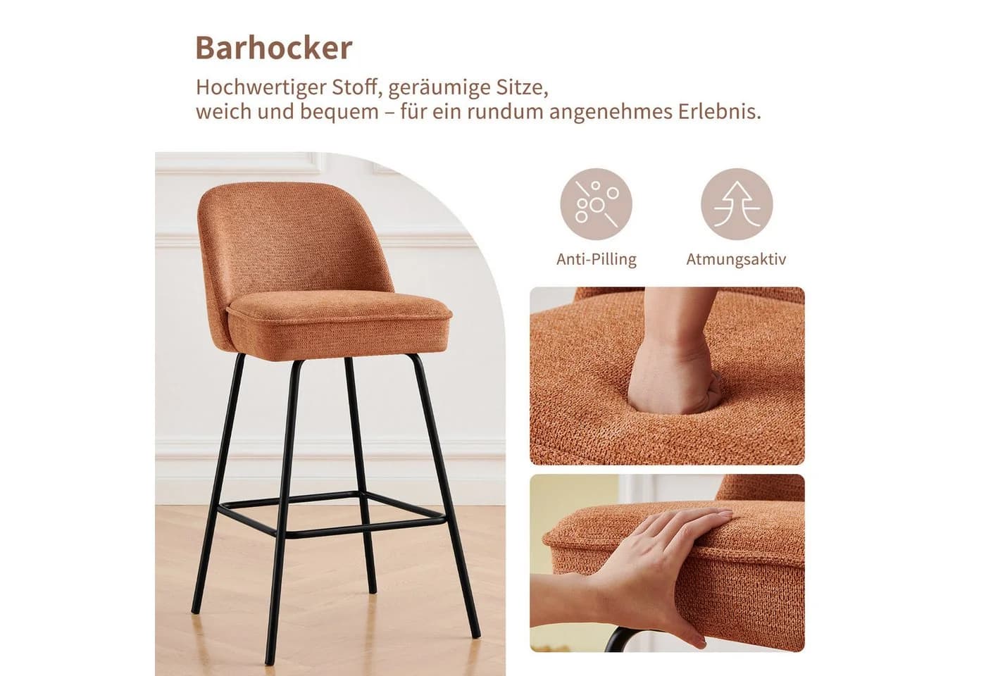 JYMTOM Barhocker Aragon Orange mit Federkern und Metallbeinen - Bild 5