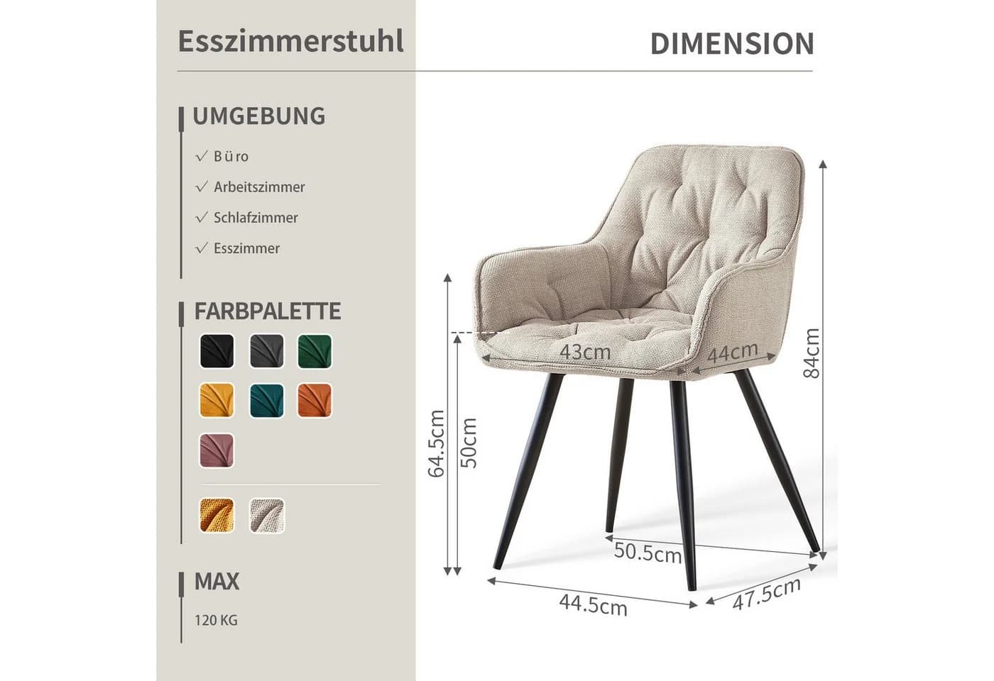 JYMTOM Esszimmerstuhl 6er Set Beige Leinen Metallbeine