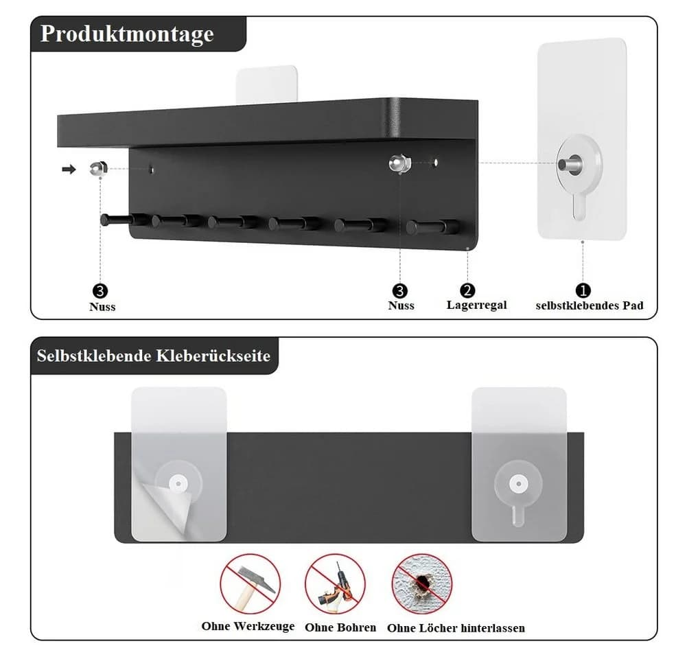 OSTWOLKE Schlüsselbrett Schlüsselhalter mit Ablage & 6 Haken 2 Installationsmöglichkeiten - Bild 3