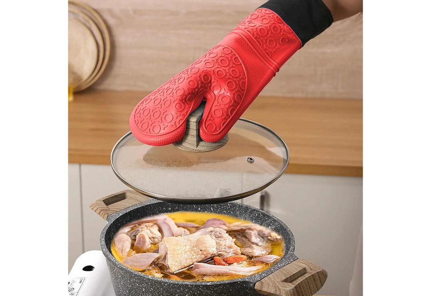 OSTWOLKE Topfhandschuhe Ofenhandschuhe Rot Silikon Non-Slip - Bild 4