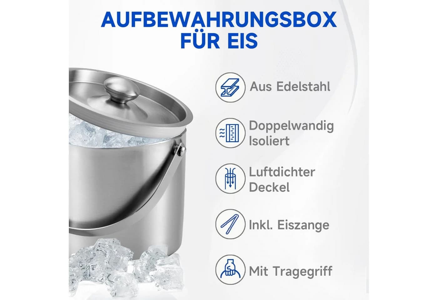 OSTWOLKE Eiseimer Edelstahl 2L doppelwandig mit Deckel & Eiszange - Bild 3
