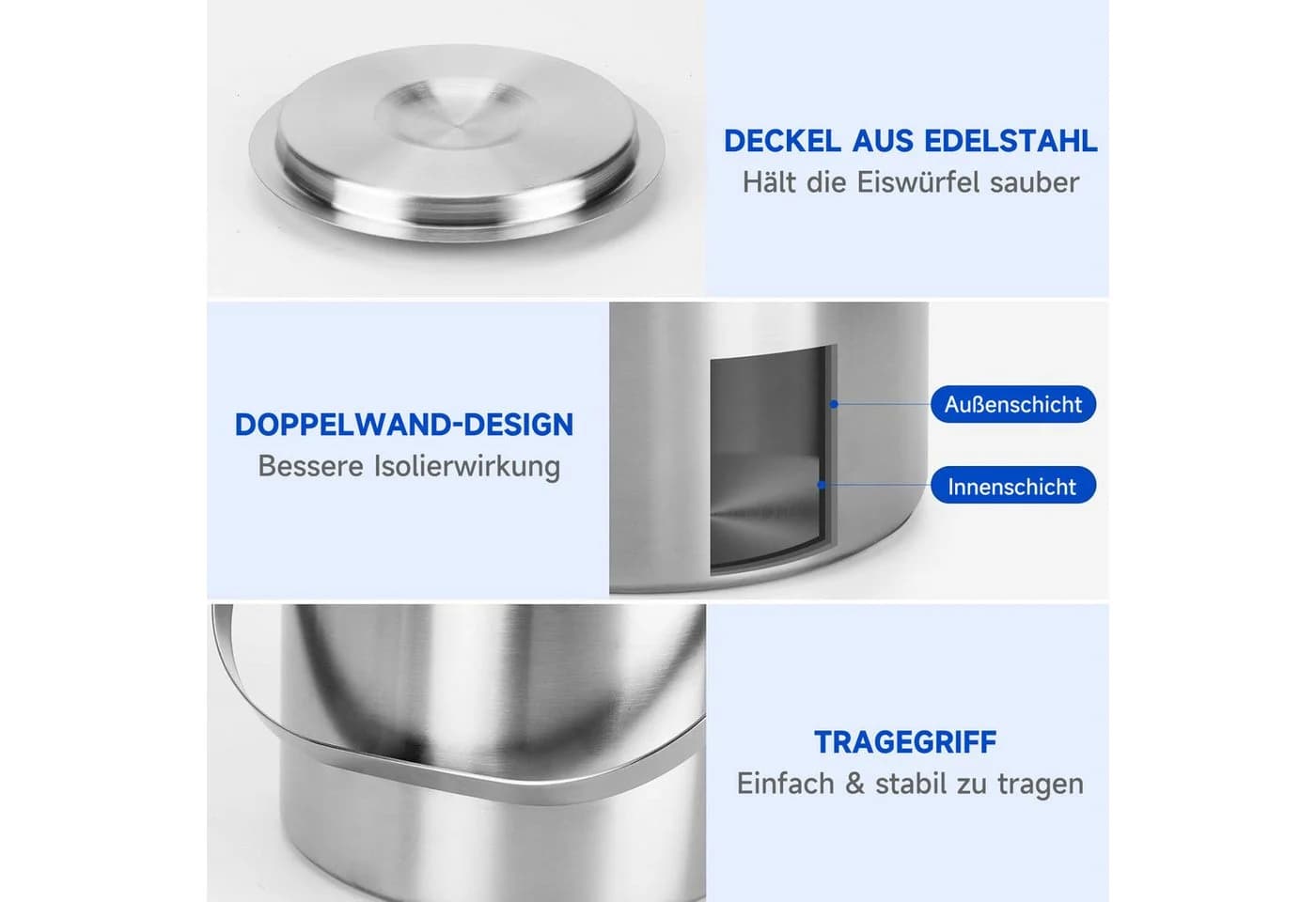 OSTWOLKE Eiseimer Edelstahl 2L doppelwandig mit Deckel & Eiszange - Bild 4