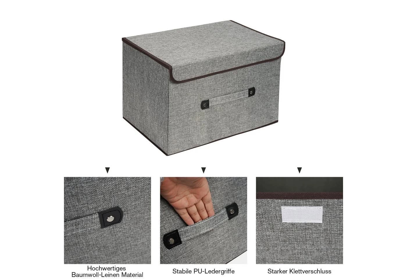 OSTWOLKE Aufbewahrungsbox Grau 3er Set mit Deckel & Klettverschluss