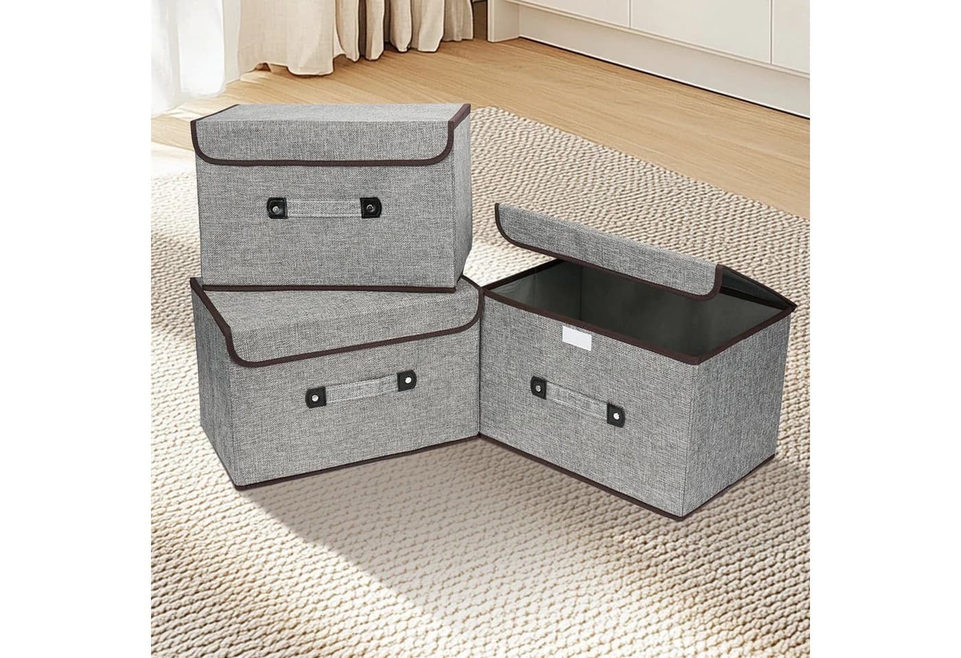 OSTWOLKE Aufbewahrungsbox Grau 3er Set mit Deckel & Klettverschluss - Bild 5
