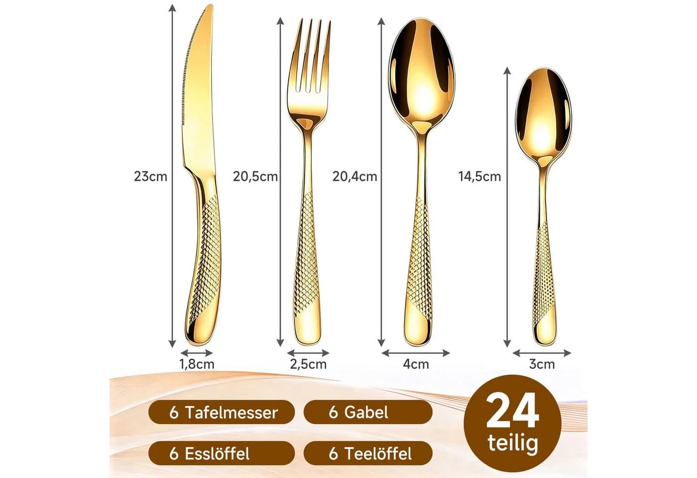OSTWOLKE Besteck-Set 24-teilig Goldfarben Edelstahl mit Geschenkbox