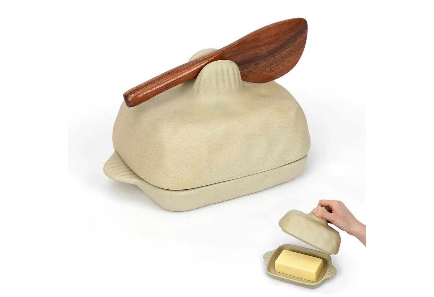 OSTWOLKE Butterdose aus Keramik mit Deckel und Holzbuttermesser