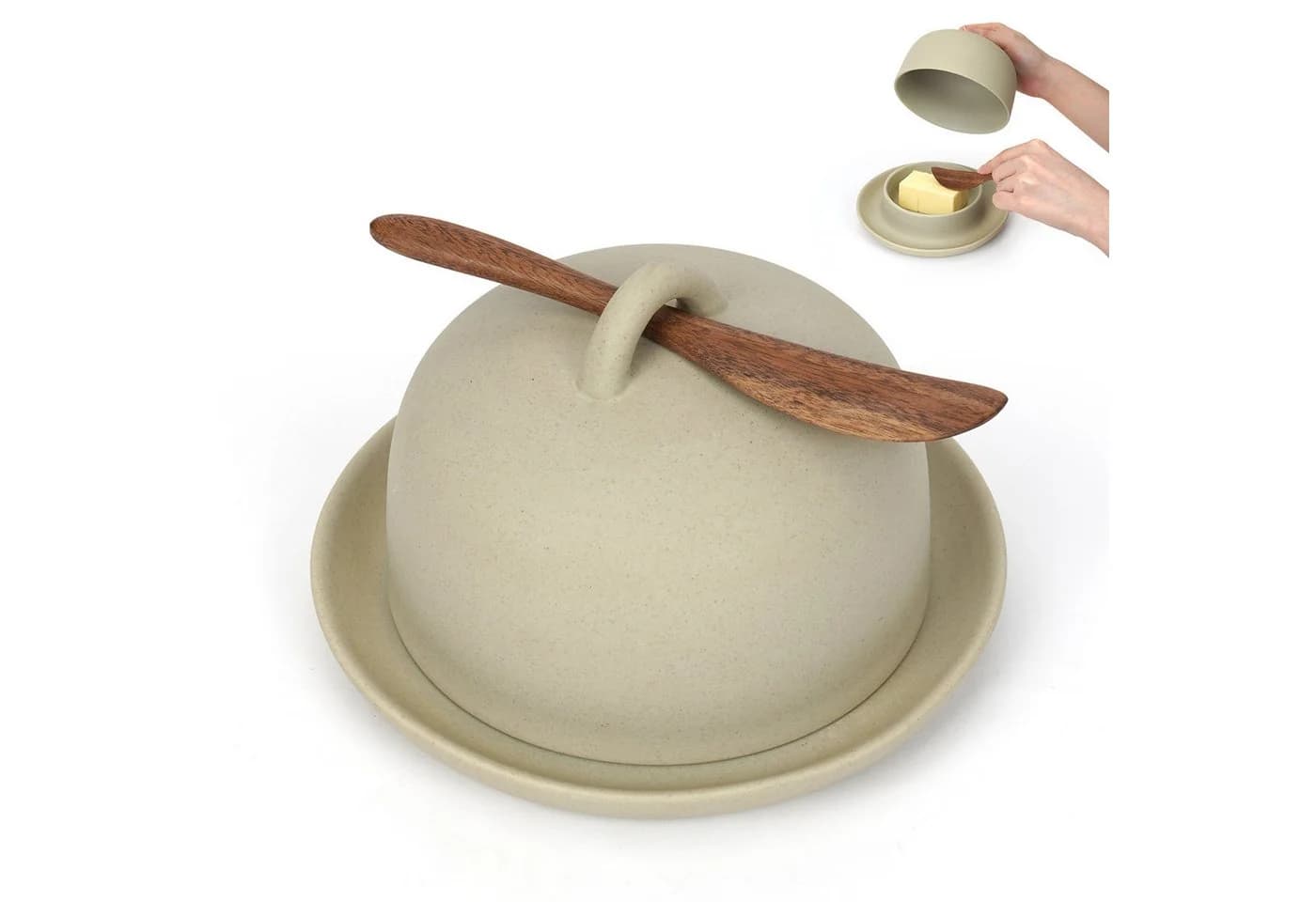 OSTWOLKE Butterdose aus Keramik mit Deckel und Holzbuttermesser - Bild 2