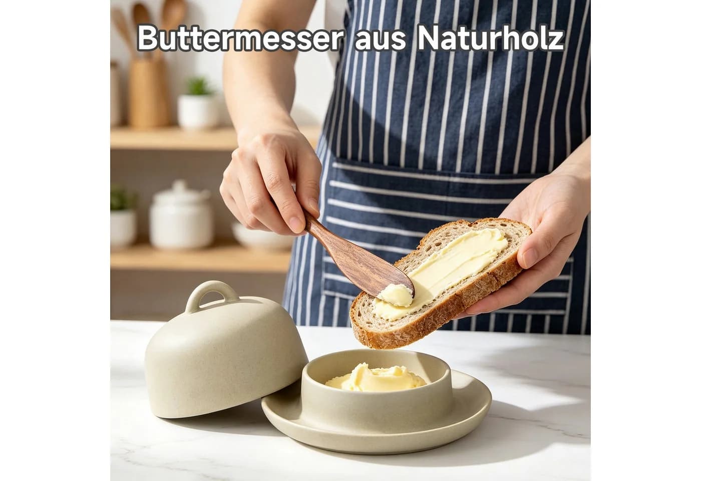 OSTWOLKE Butterdose aus Keramik mit Deckel und Holzbuttermesser - Bild 5