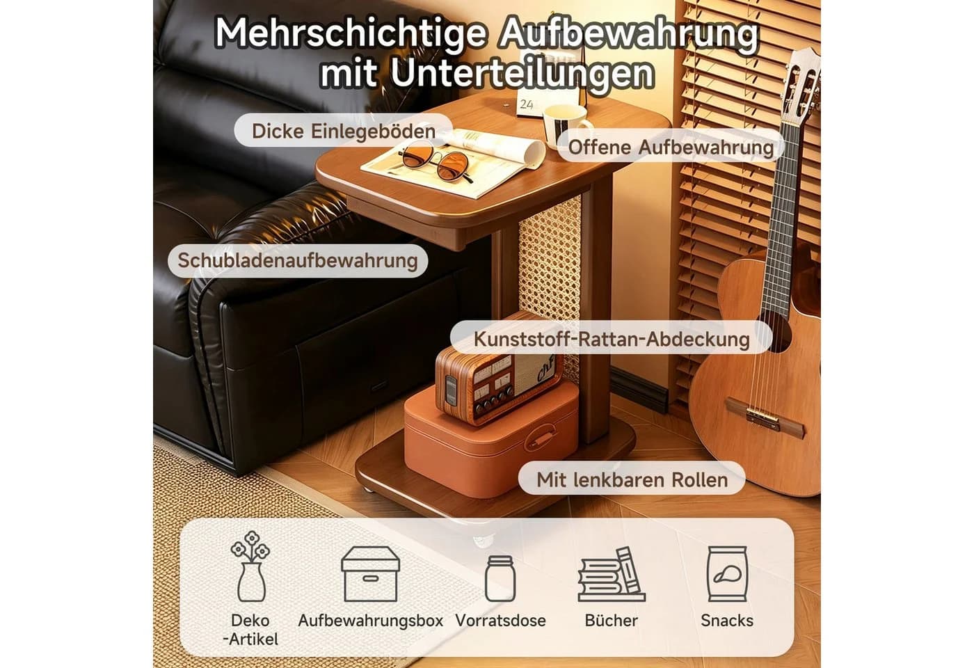 OSTWOLKE C-Form Beistelltisch mit Rollen und Schublade Schwarz/Braun