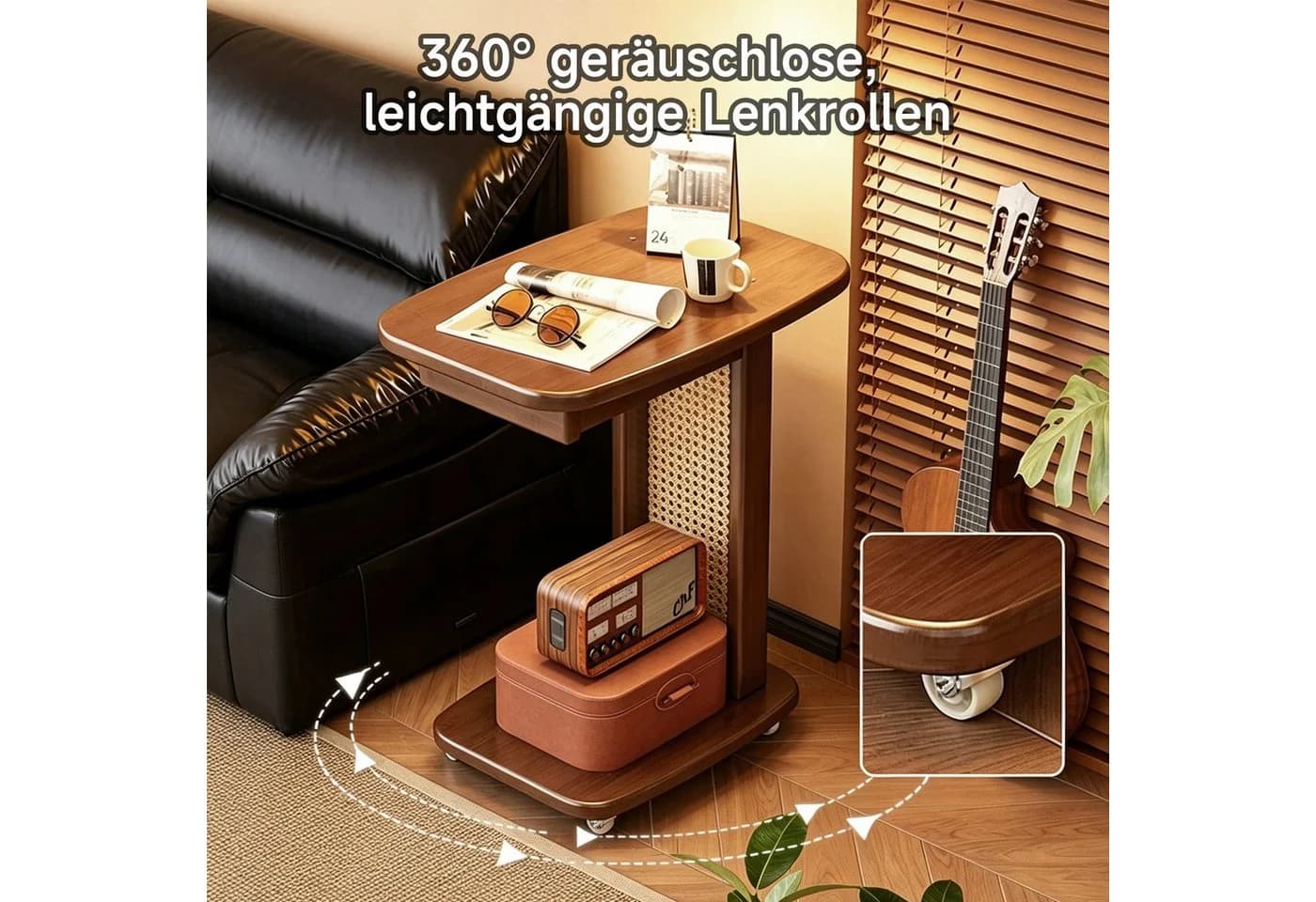 OSTWOLKE C-Form Beistelltisch mit Rollen und Schublade Schwarz/Braun - Bild 3