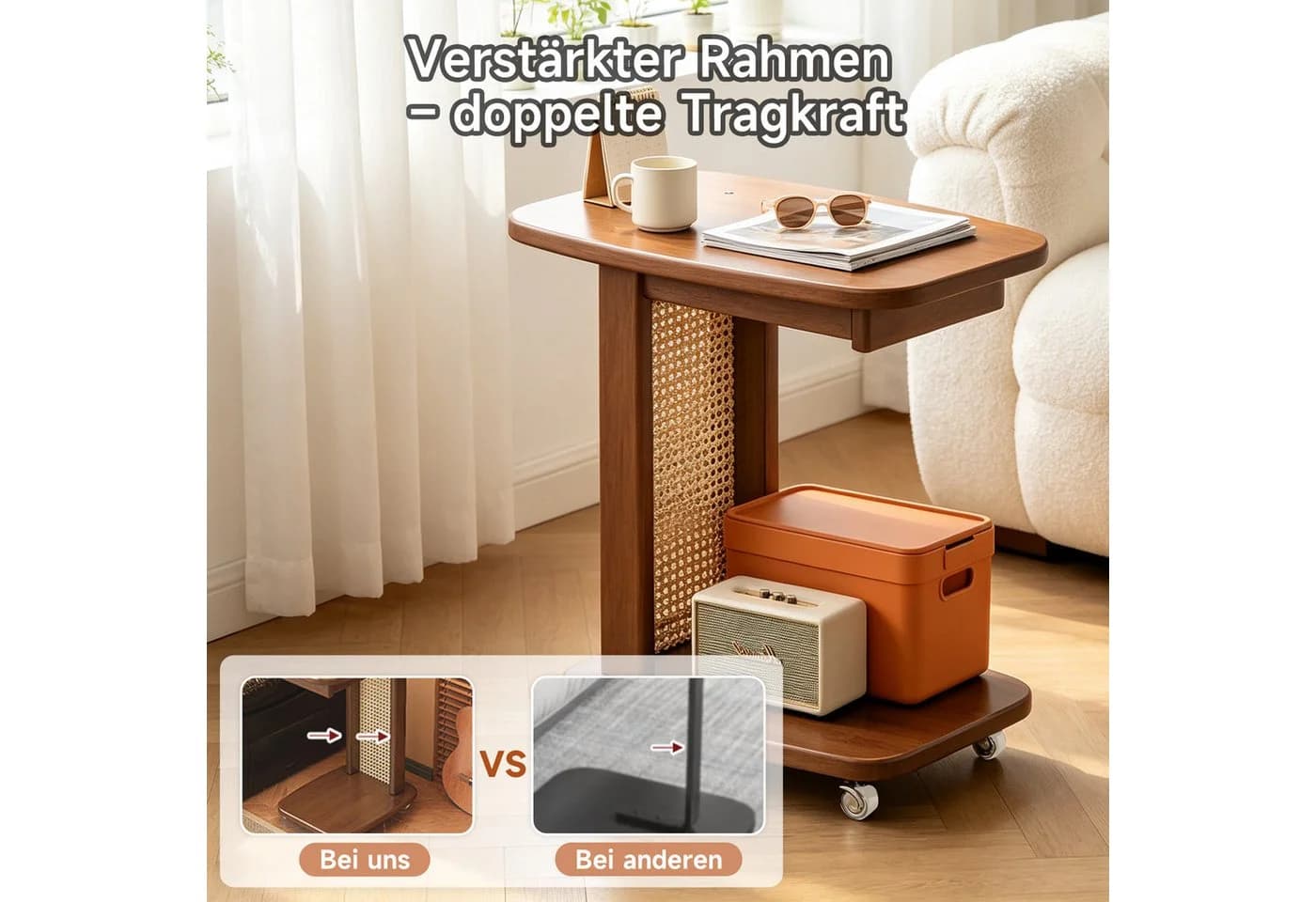 OSTWOLKE C-Form Beistelltisch mit Rollen und Schublade Schwarz/Braun - Bild 5