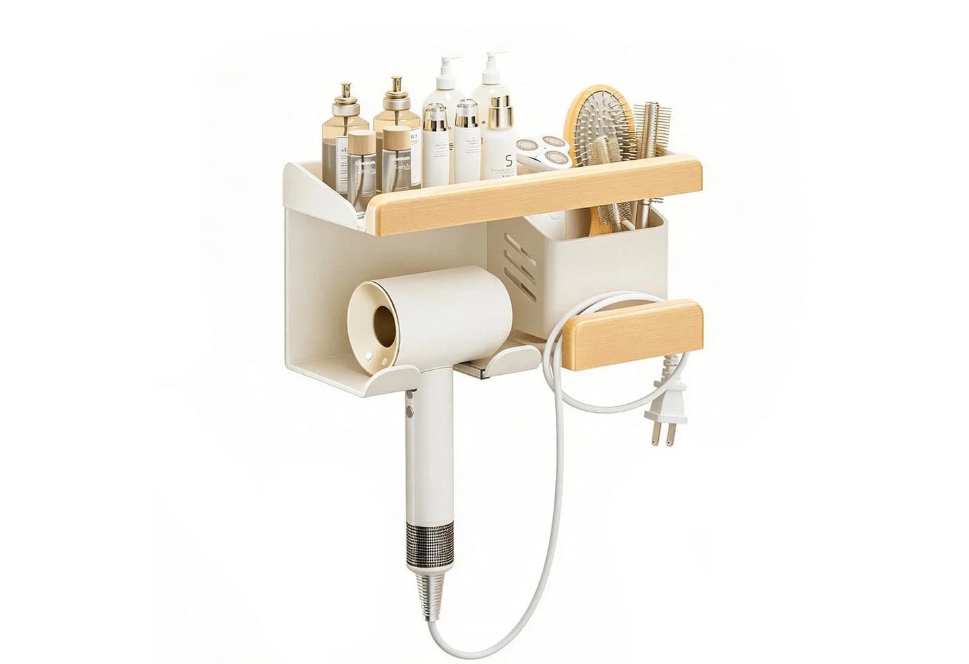 OSTWOLKE Haartrocknerhalter Organizer Ohne Bohren Aluminium Holz Beige - Bild 2