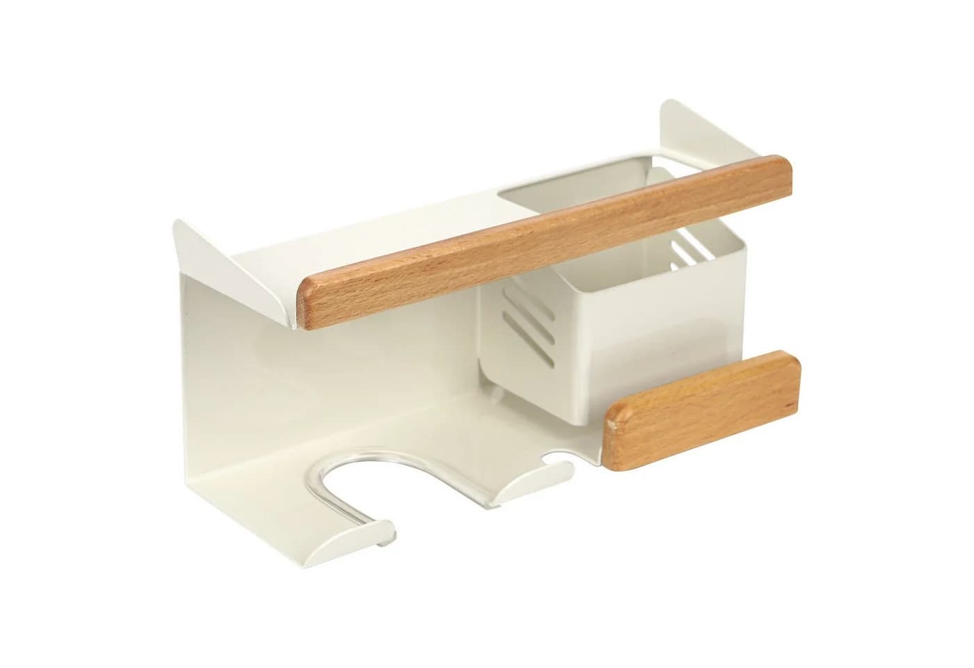 OSTWOLKE Haartrocknerhalter Organizer Ohne Bohren Aluminium Holz Beige - Bild 3