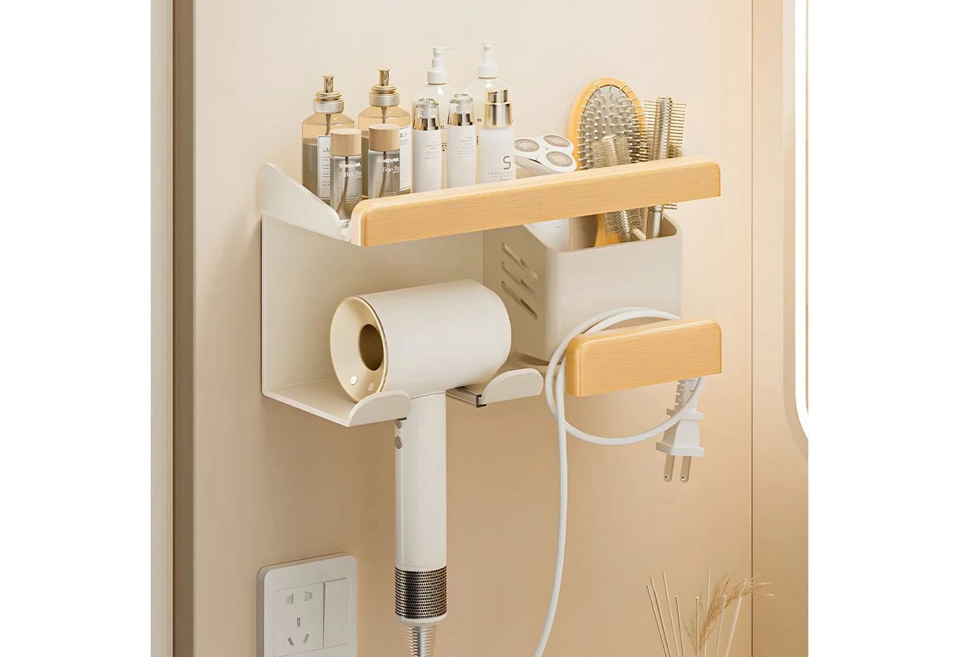 OSTWOLKE Haartrocknerhalter Organizer Ohne Bohren Aluminium Holz Beige - Bild 4