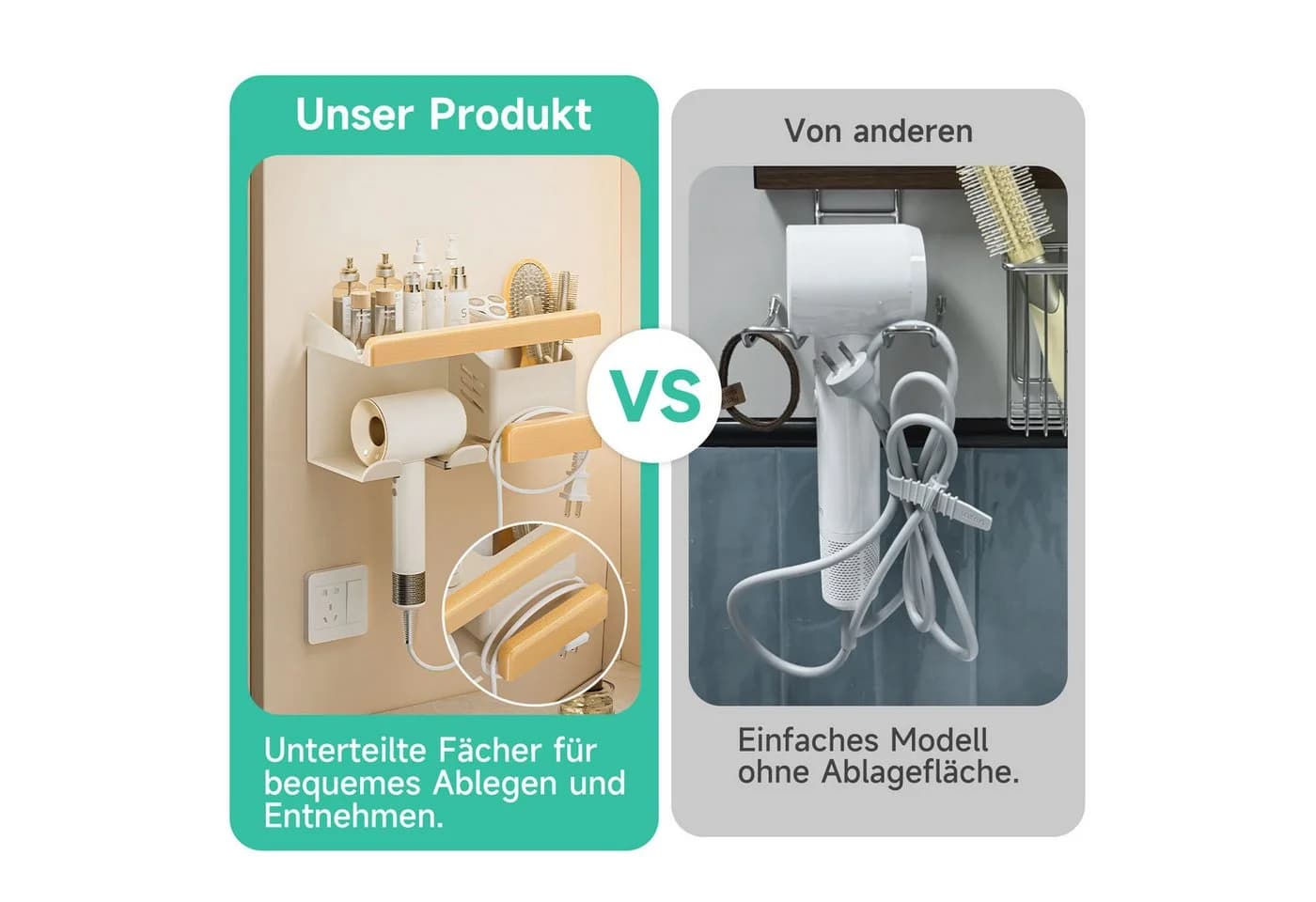 OSTWOLKE Haartrocknerhalter Organizer Ohne Bohren Aluminium Holz Beige - Bild 5