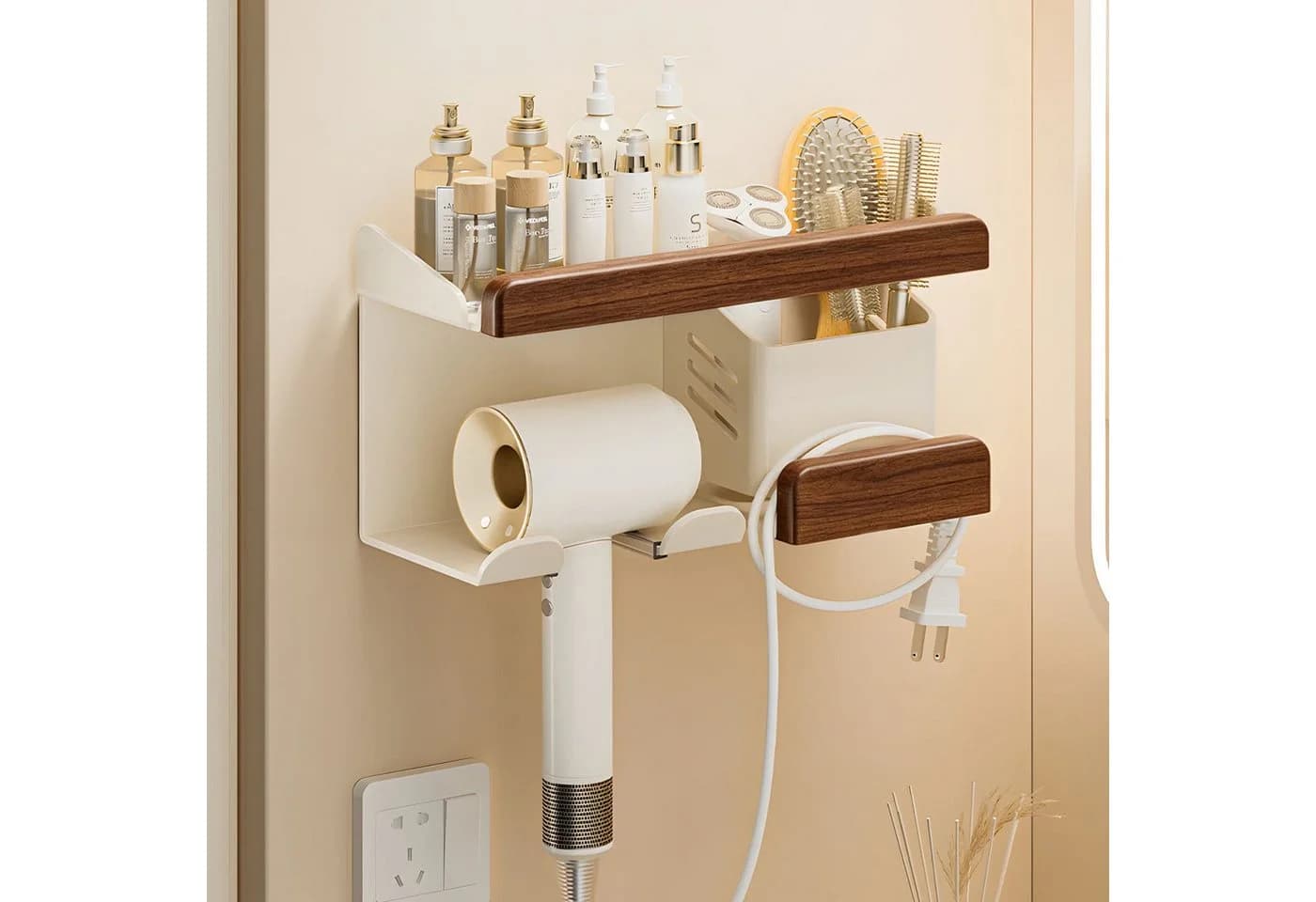 OSTWOLKE Haartrocknerhalter Organizer Braun Aluminium Holz - Bild 4