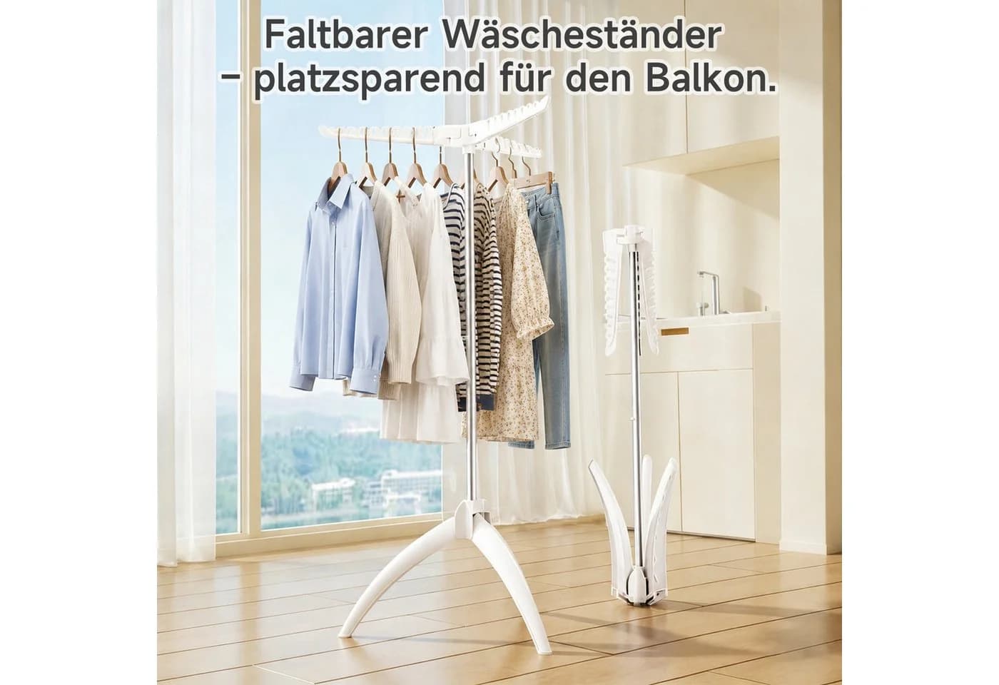 OSTWOLKE Klappbarer Bügelwäscheständer Weiß 3 Arme - Bild 3