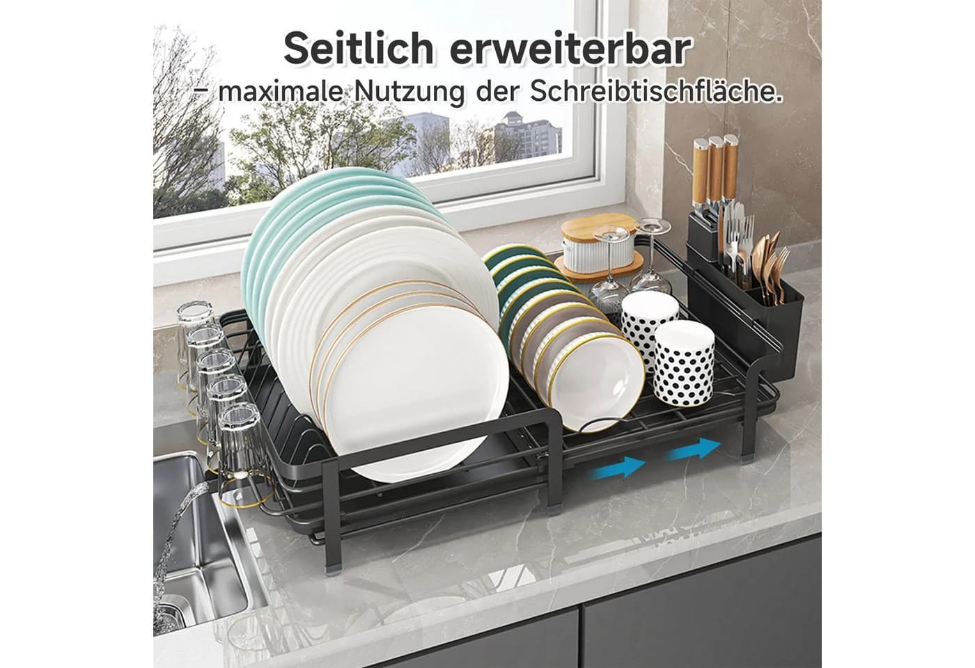 OSTWOLKE Ausziehbarer Geschirrständer Schwarz 360° Drehbar - Bild 3