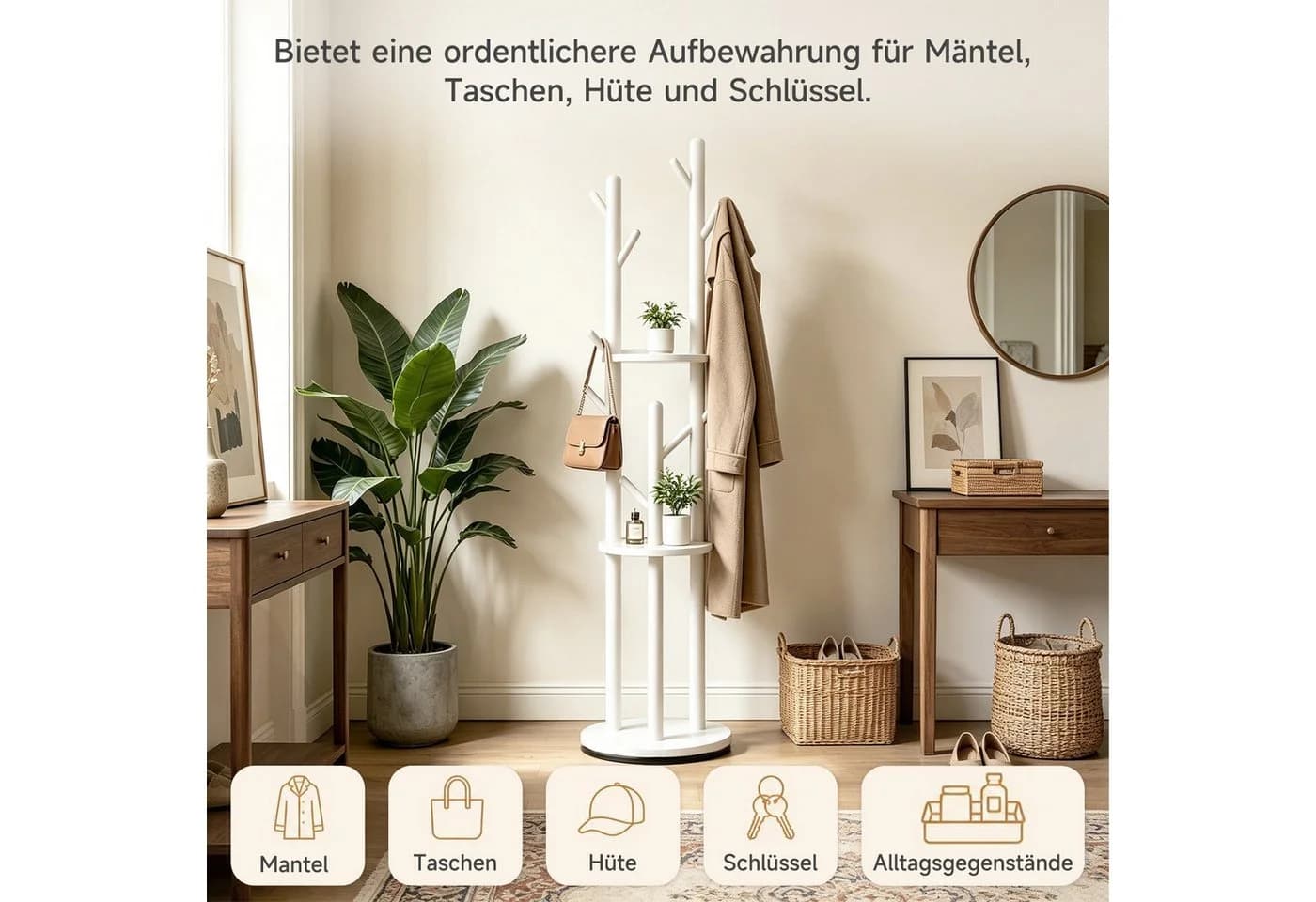 OSTWOLKE Garderobenständer Weiß Massivholz mit Ablage - Bild 4