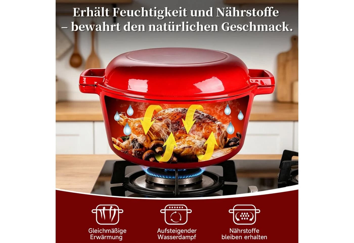 OSTWOLKE Schmortopf 2-in-1 Emailliert Rot 4,8L & 1,8L Gusspfanne - Bild 5