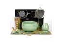 OSTWOLKE Matcha Tee Set 7-teilig Keramik Bambus Besen Schale grün Bild 2