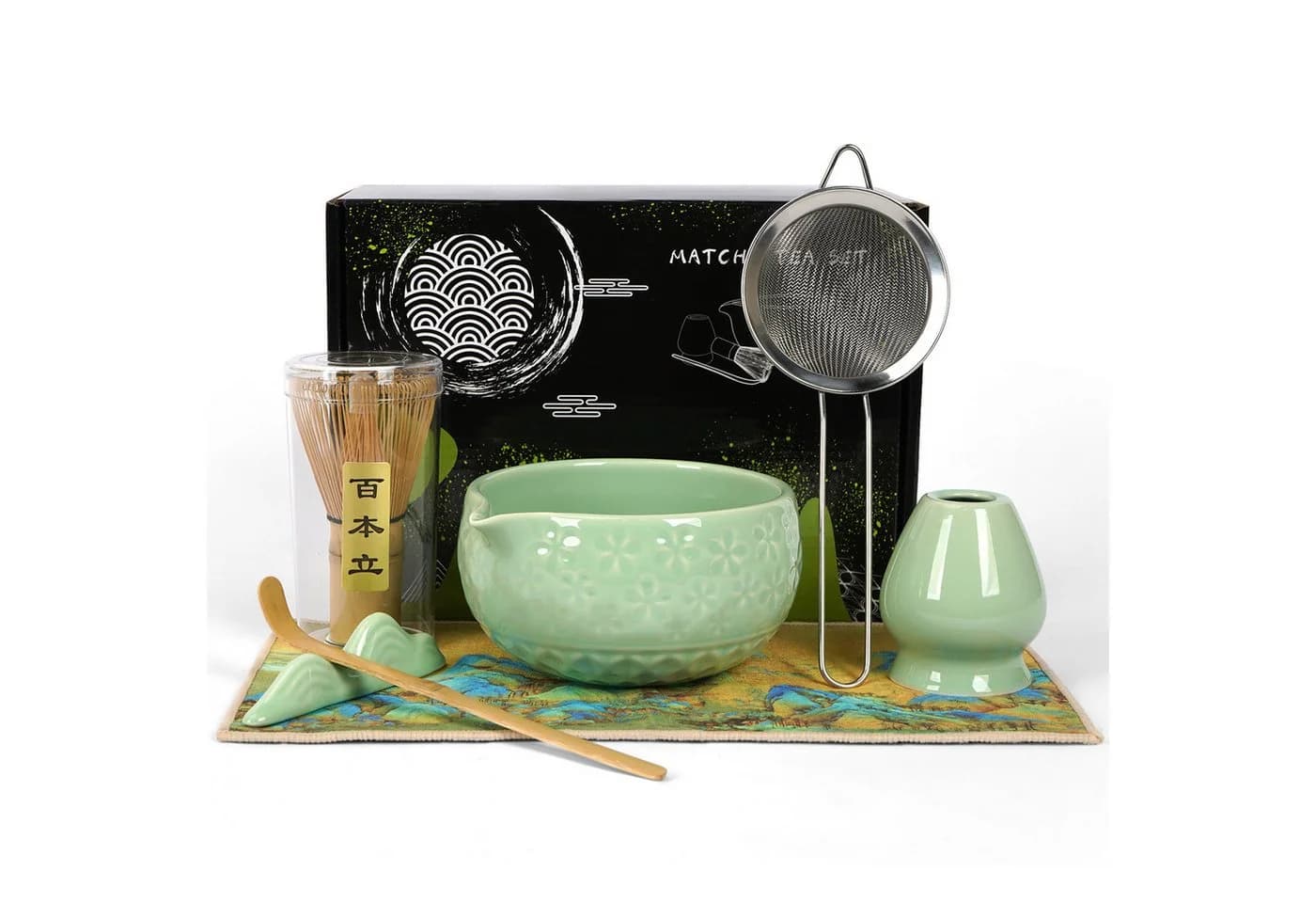 OSTWOLKE Matcha Tee Set 7-teilig Keramik Bambus Besen Schale grün - Bild 2