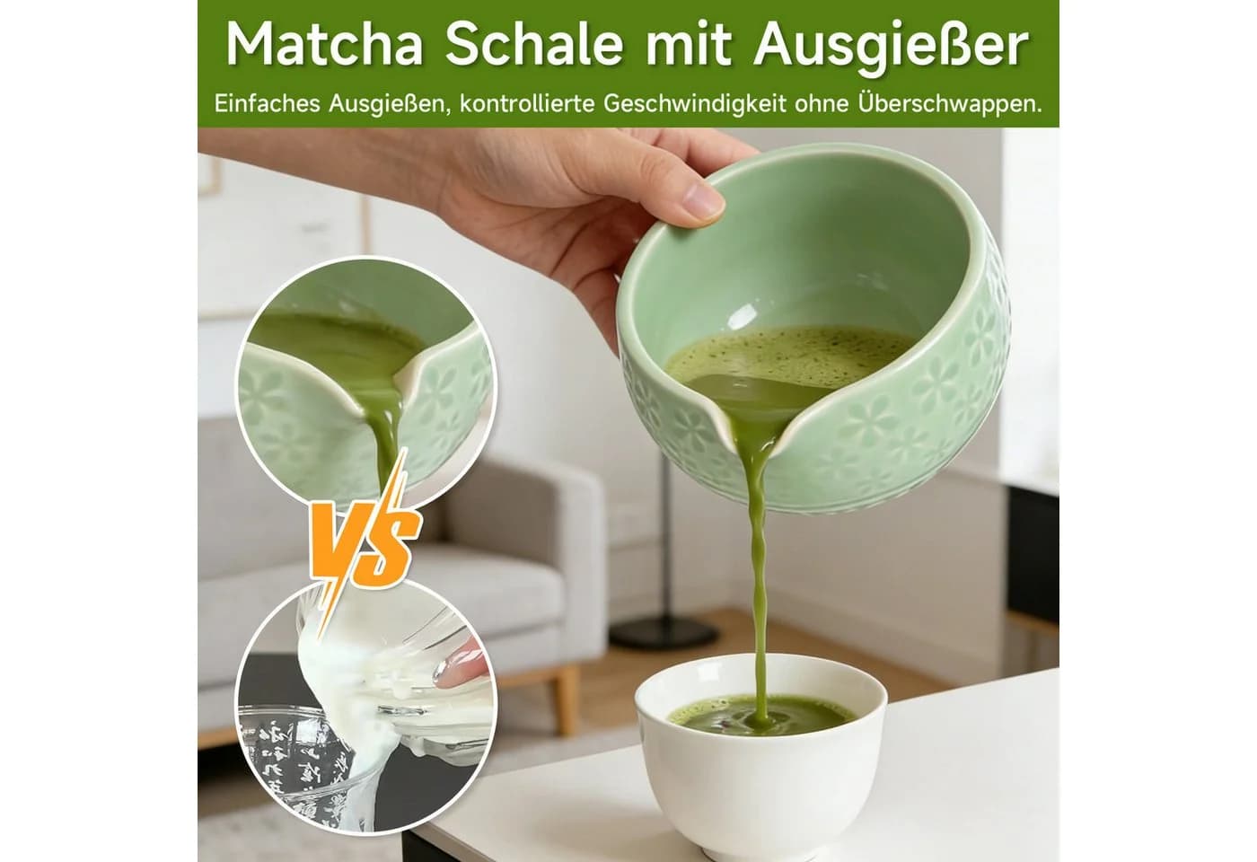 OSTWOLKE Matcha Tee Set 7-teilig Keramik Bambus Besen Schale grün - Bild 3