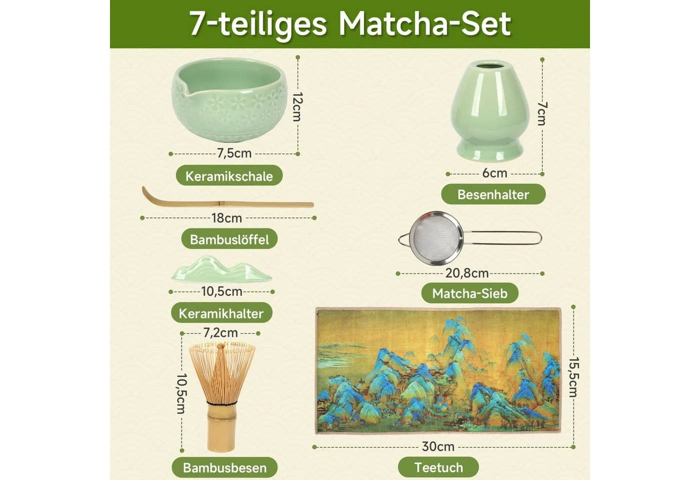 OSTWOLKE Matcha Tee Set 7-teilig Keramik Bambus Besen Schale grün - Bild 4