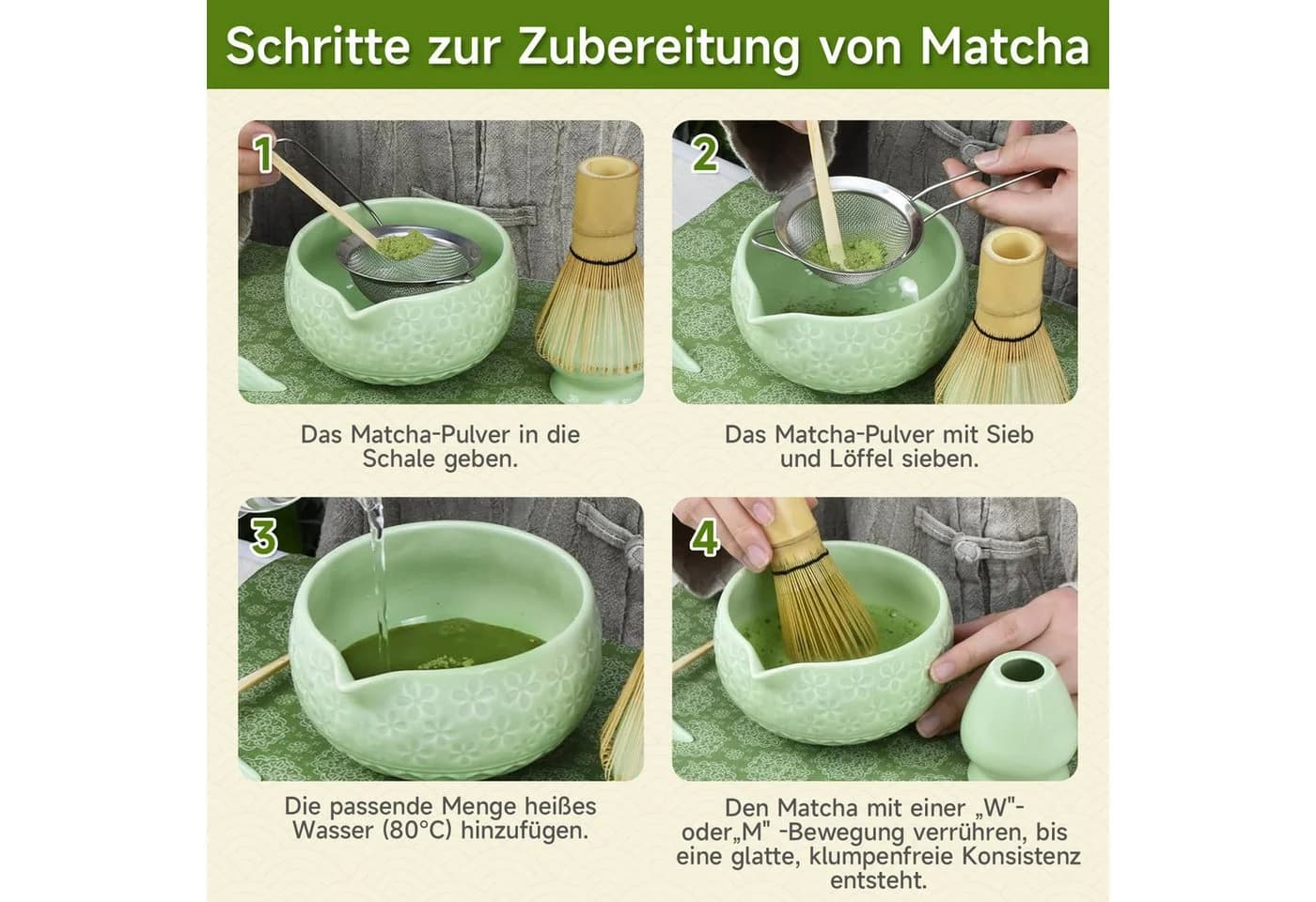 OSTWOLKE Matcha Tee Set 7-teilig Keramik Bambus Besen Schale grün - Bild 5