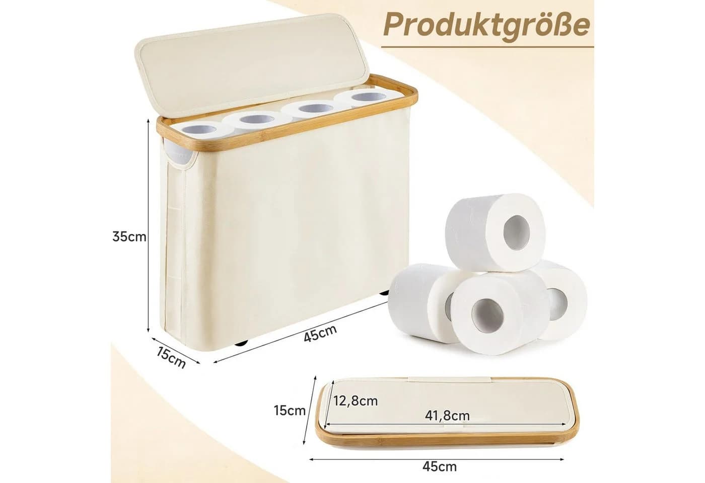OSTWOLKE Toilettenpapierkorb mit Deckel Bambus Wasserdicht Faltbar Cremeweiß - Bild 4