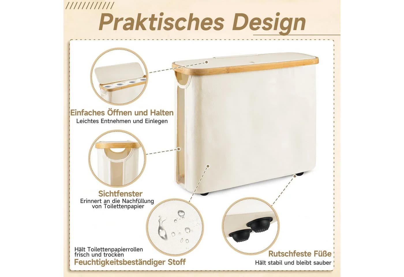 OSTWOLKE Toilettenpapierkorb mit Deckel Bambus Wasserdicht Faltbar Cremeweiß - Bild 5