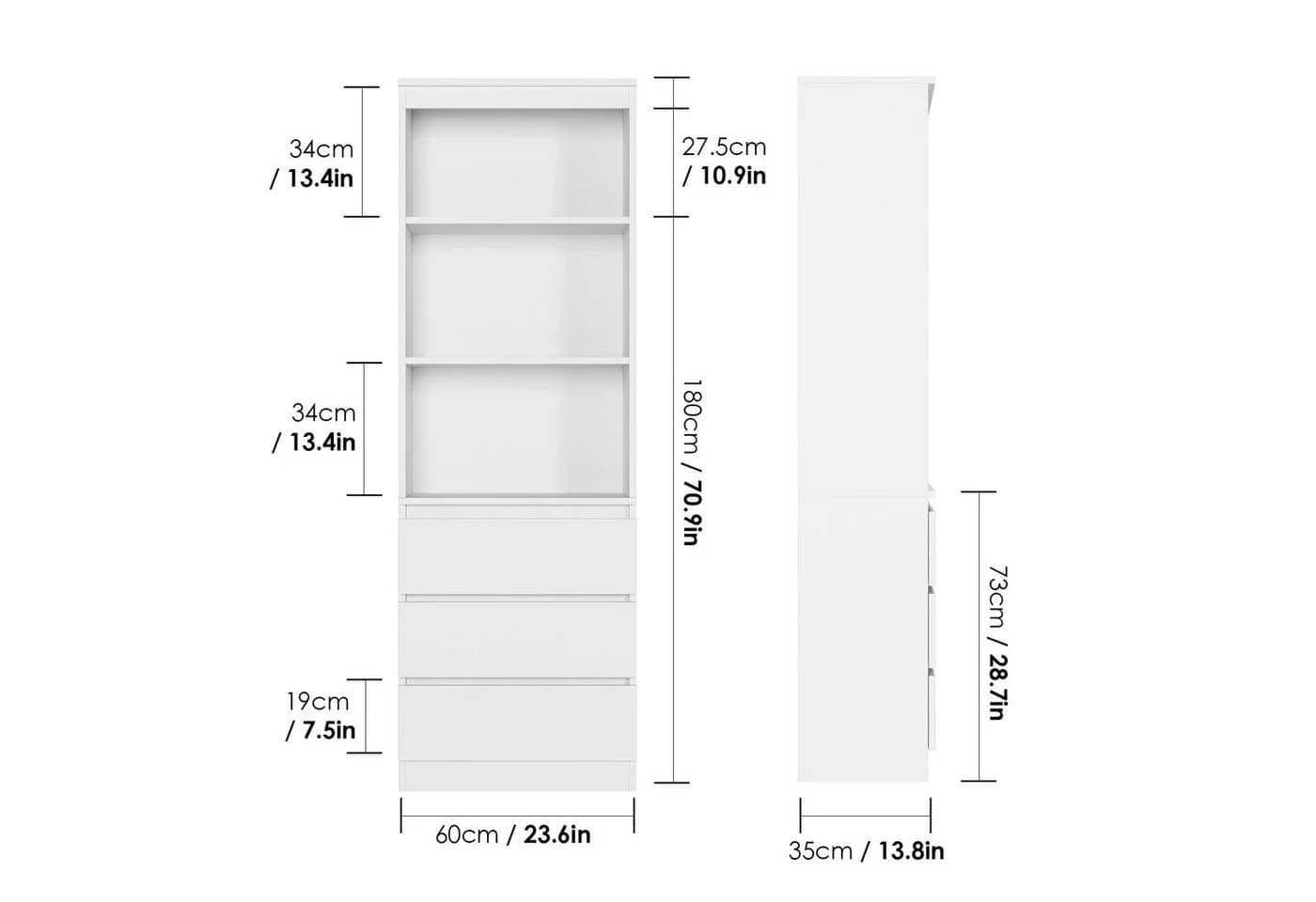 Homfa Hochschrank Bücherregal Bücherschrank 3 Schubladen Weiß - Bild 5