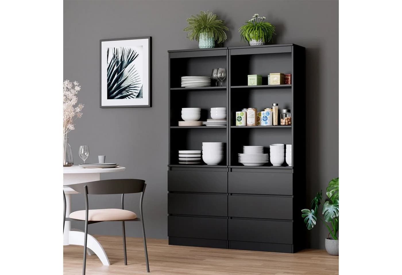 Homfa Hochschrank Bücherregal Bücherschrank 3 Schubladen Vitrinenschrank Schwarz