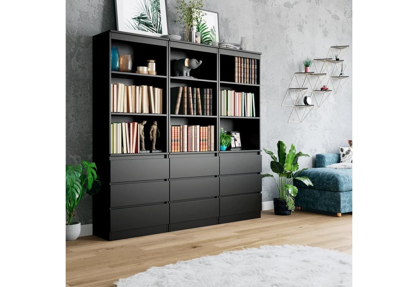 Homfa Hochschrank Bücherregal Bücherschrank 3 Schubladen Vitrinenschrank Schwarz - Bild 4
