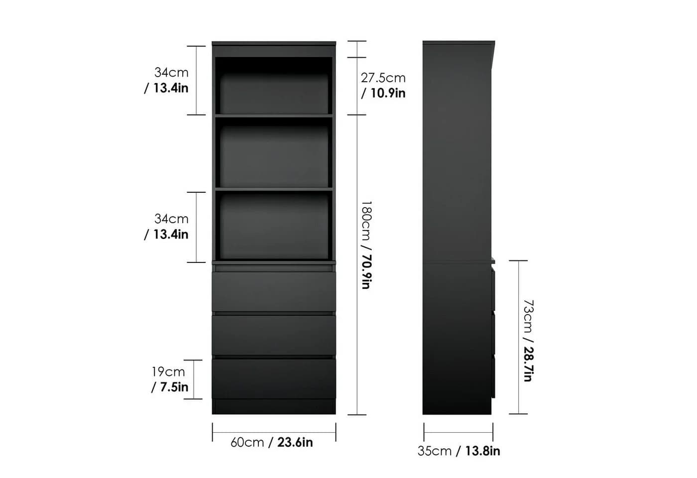 Homfa Hochschrank Bücherregal Bücherschrank 3 Schubladen Vitrinenschrank Schwarz - Bild 5