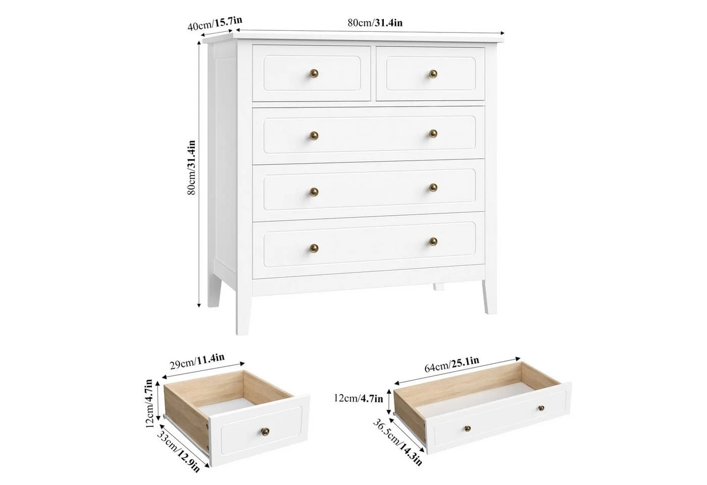 Homfa Kommode Sideboard 5 Schubladen Metallgriffe Weiß 80x40x80cm
