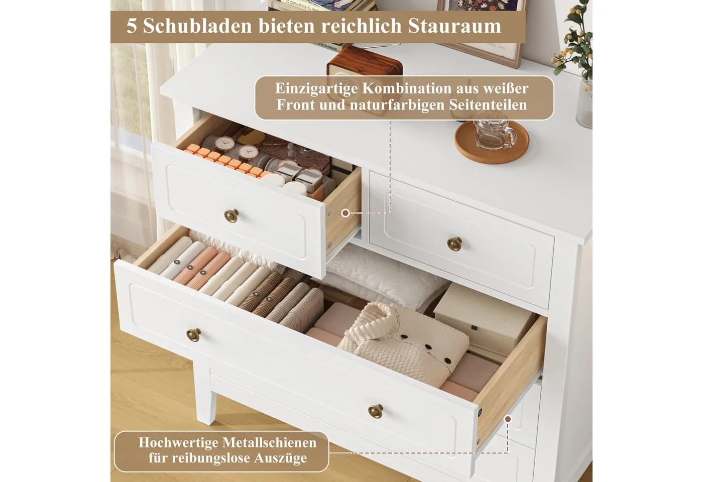 Homfa Kommode Sideboard 5 Schubladen Metallgriffe Weiß 80x40x80cm - Bild 5